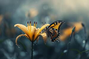 Tiger Swallowtail Butterfly Perched on a Single Lily with Soft Morning Dew Nature Background photo
