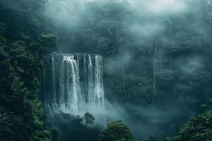 A Moody Waterfall Shrouded in Mist Surrounded by Dense Forest Nature Background photo
