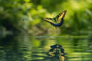 Motionan Eastern Tiger Swallowtail Butterfly Fluttering Gracefully Over a Tranquil Pond with Reflections of Green Foliage on the Waters Surface photo