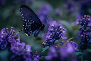 Motiona Pipevine Swallowtail Butterfly Feeding on Nectar from a Cluster of Purple Flowers Captured with Its Wings in Rapid Motion photo