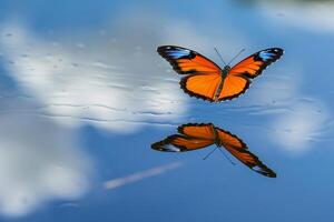 Motiona Julia Longwing Butterfly Fluttering Gracefully Over a Serene Lake with Reflections of Blue Sky and Clouds on the Waters Surface photo