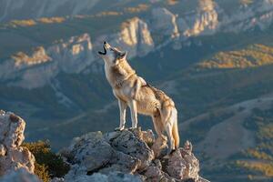 Wolf Howling on a Mountain Ridge Nature Background photo