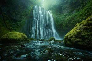 Serene Waterfall Cascading Gracefully Over Moss Covered Rocks in a Secluded Forest Glen Nature Background photo