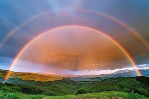 Double rainbow arching over a green valley after a rainstorm nature background photo