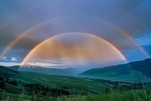 Double rainbow arching over a green valley after a rainstorm nature background photo