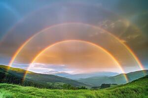 Double rainbow arching over a green valley after a rainstorm nature background photo