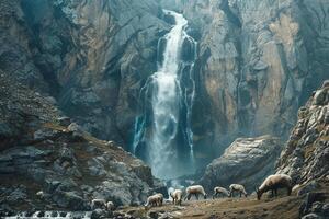 Serene waterfall in a mountainous landscape with a family of mountain goats nature background photo