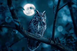 owl perched on a branch under a full moon nature background photo