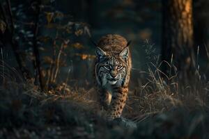lynx prowling through a moonlit forest nature background photo