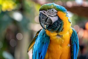 A parrot perched on a branch feathers ruffled as it looks into the camera with intelligent eyes nature background photo