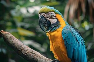 A parrot perched on a branch feathers ruffled as it looks into the camera with intelligent eyes nature background photo