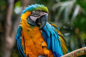 A parrot perched on a branch feathers ruffled as it looks into the camera with intelligent eyes nature background photo