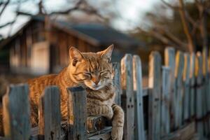 Rustic Setting with a Barn Cat Resting on a Wooden Fence Nature Background photo