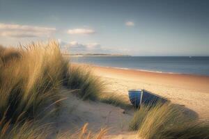 Remote Beach with Tall Grasses Swaying in the Breeze and a Lone Fishing Boat Anchored Offshore Nature Background photo