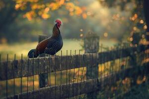 Rustic Setting with a Guinea Fowl Perched on a Wooden Fence Nature Background photo