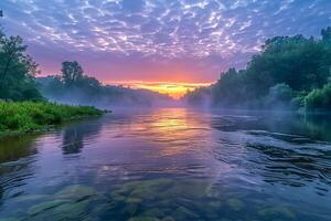 Sunrise Over Serene River Background Nature photo