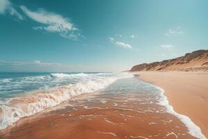 Empty Stretch of Golden Sand with Gentle Waves Lapping at the Shore Under a Clear Blue Sky Background Nature photo
