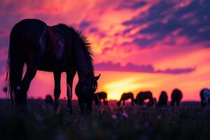 Silhouette of Horses Grazing in a Field During Sunset with Nature Background and Golden Light photo