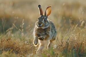 Rabbit Hopping Through a Meadow with Nature Background and Spring Colors photo