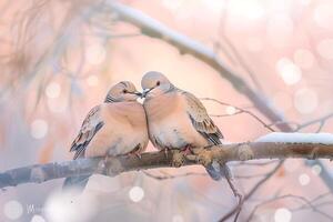 Soft a Pair of Mourning Doves Nestled Together on a Tree Branch with  Pastel Background photo