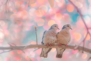 Soft a Pair of Mourning Doves Nestled Together on a Tree Branch with  Pastel Background photo