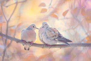 Soft a Pair of Mourning Doves Nestled Together on a Tree Branch with  Pastel Background photo