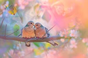 Soft a Pair of Mourning Doves Nestled Together on a Tree Branch with  Pastel Background photo