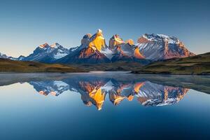 Snow Capped Mountains Reflected in a Crystal Clear Lake Background photo