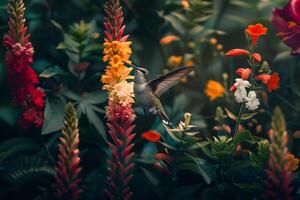 Tiny Hummingbird Hovering Near a  Array of Tropical Flowers Background photo