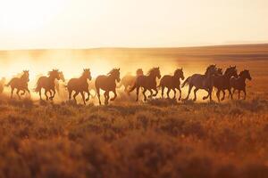 Herd of Wild Horses Galloping Freely Across a Sunlit Plain Nature Background photo