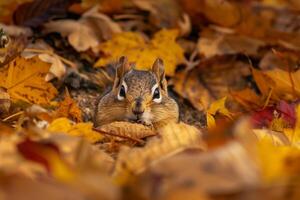 Cute Chipmunk Peering Out from Its Burrow Among Fallen Autumn Leaves Background photo