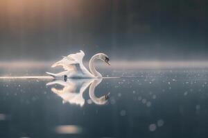 Graceful Swan Gliding Across a Serene Pond Its Reflection Mirrored Perfectly in the Still Water Nature Background photo