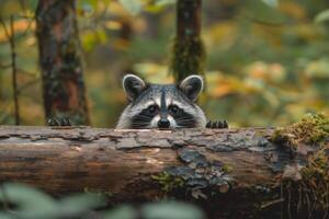 Curious Raccoon Peeking Out from Behind a Fallen Log in a Dense Forest Nature Background photo
