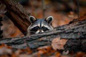 Curious Raccoon Peeking Out from Behind a Fallen Log in a Dense Forest Nature Background photo