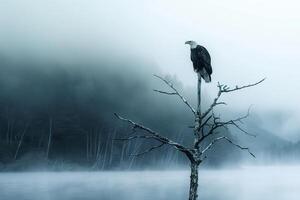 Majestic Bald Eagle Perched on a Tall Tree Branch Overlooking a Misty Lake Nature Background photo