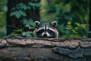 Curious Raccoon Peeking Out from Behind a Fallen Log in a Dense Forest Nature Background photo