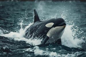 Orca Breaching the Ocean Surface with Water Splashing Around Marine Wildlife Background photo