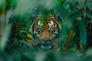 Tiger Emerging from the Dense Foliage of a Tropical Forest Nature Background photo