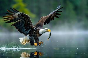 Bald Eagle Swooping Down to Catch a Fish from a Lake Nature Background photo
