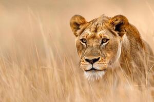 Lioness Stalking Through the Tall Grass of the Savannah Nature Background photo