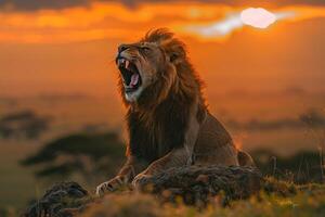 Lion Roaring on a Hilltop at Dawn Nature Background photo
