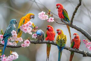 Group of Parrots Perched on a Blossoming Cherry Tree in a Spring Garden Nature Background photo