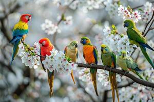 Group of Parrots Perched on a Blossoming Cherry Tree in a Spring Garden Nature Background photo