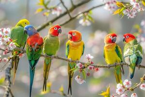 Group of Parrots Perched on a Blossoming Cherry Tree in a Spring Garden Nature Background photo