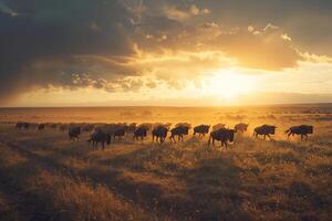 Herd of Wildebeest Migrating Across the Savannah Nature Background photo