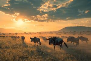 Herd of Wildebeest Migrating Across the Savannah Nature Background photo