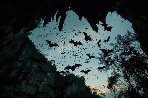 group of bats flying out of a cave at dusk silhouetted against the sky Nature Background photo