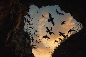 Group of Bats Flying Out of a Cave at Dusk Silhouetted Against the Sky Nature Background photo