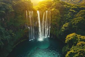 Waterfall Flowing into Crystal Clear Tropical Pool Nature Background photo