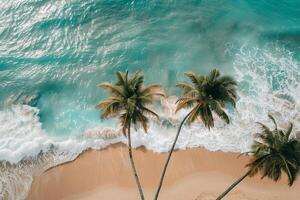 Palm Trees Swaying Gently on a Sandy Beach with Turquoise Waves Breaking on the Shore Nature Background photo
